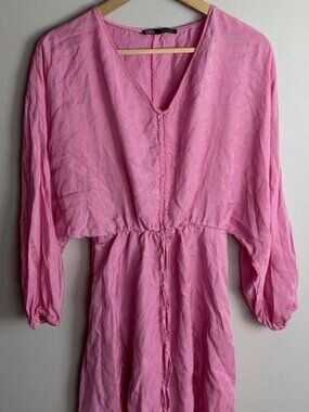 Zara Pink Long Sleeve Mini Dress Size Small V-Neck Ruched Waist Women’s